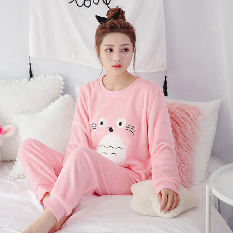 冬季女士加厚法兰绒长袖睡衣套装 粉色龙猫（女 L）