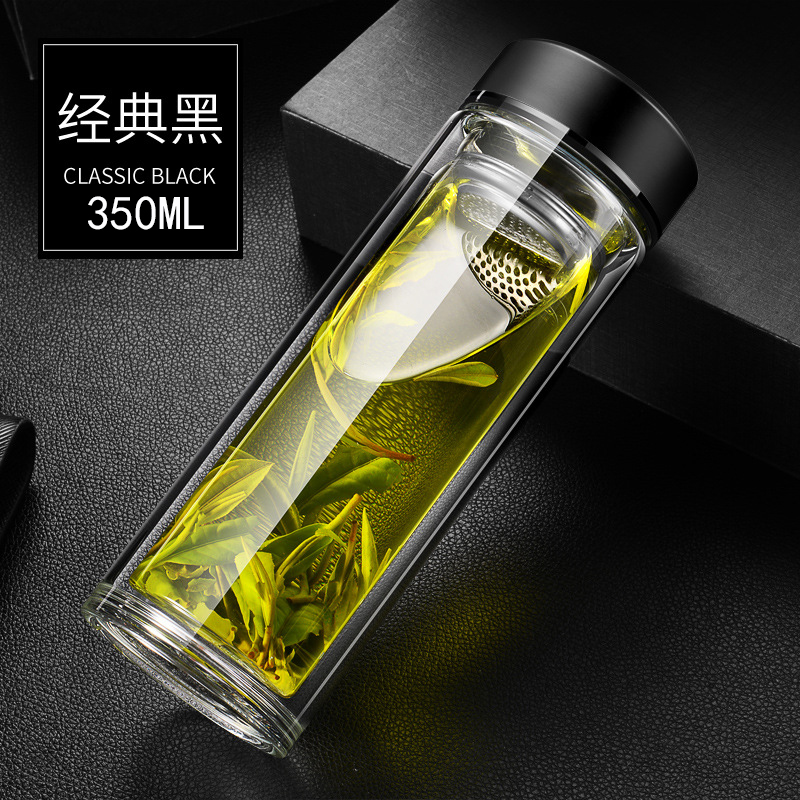 加厚双层玻璃杯 透明商务泡茶杯子350ml 黑色
