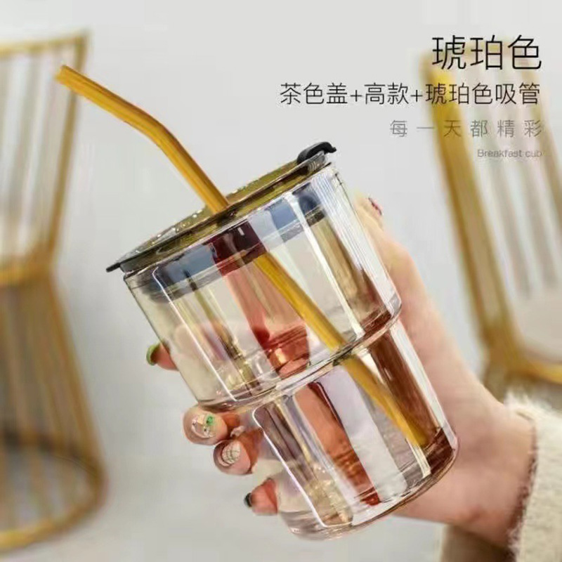 网红高颜值竹节杯ins便携带盖咖啡杯吸管 琥珀色＋盖子＋吸管