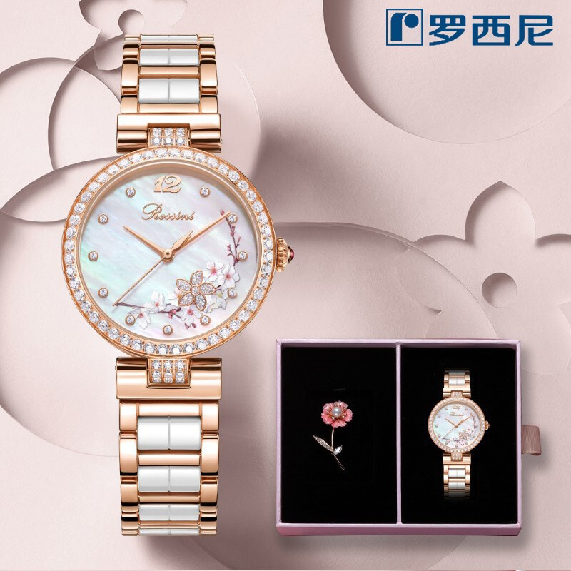 Rossini罗西尼 典美系列桃花贝母盘间玫瑰金陶瓷带 5978G01B（手表）