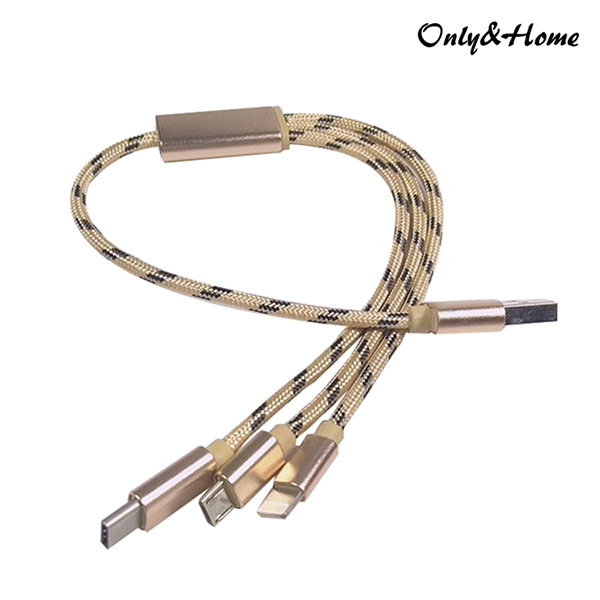 only&home 移动电源专用一拖三编织数据线金色 KL-YTS03