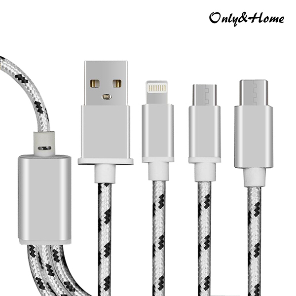 only&home 移动电源专用一拖三编织数据线银色 KL-YTS03