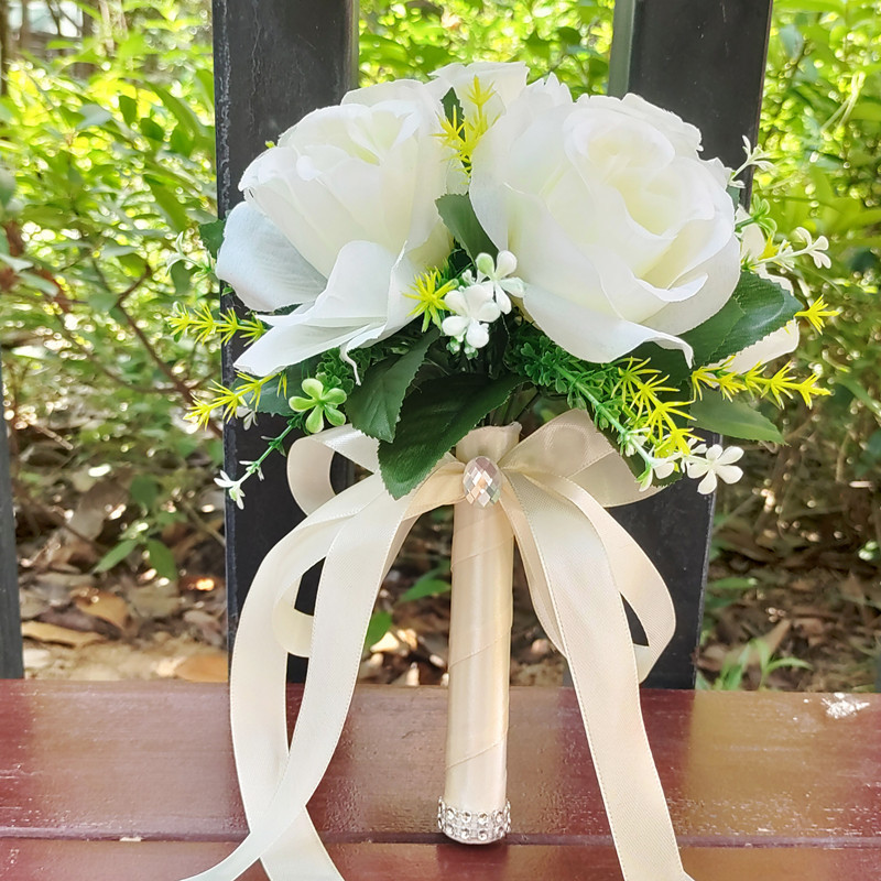 西式结婚婚礼手捧花仿真玫瑰花手捧花小号新款森系新娘手捧花（奶白）
