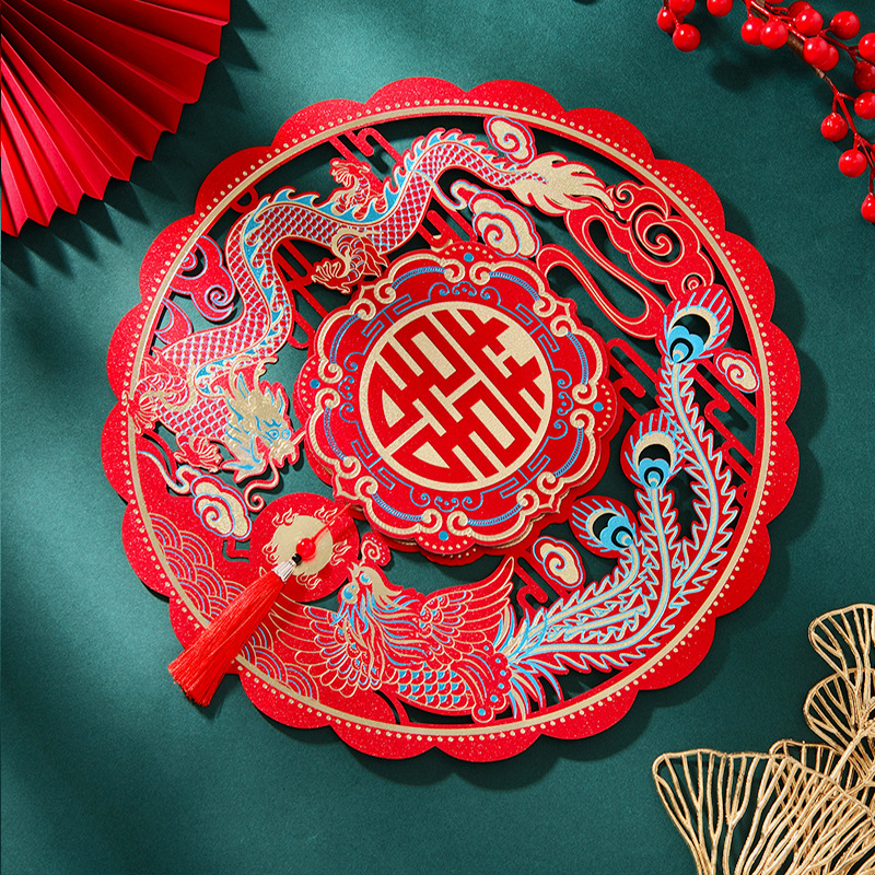结婚用品烫金喜字贴窗户婚房布置 龙凤呈祥40#（约35*35cm）【适合卧室门窗】1张