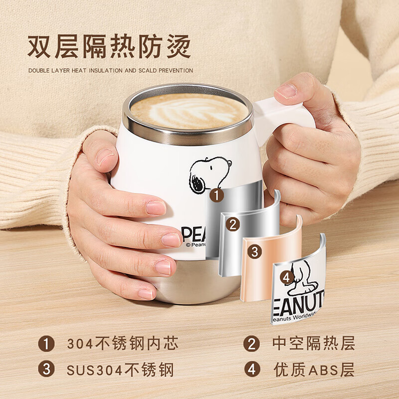 史努比（SNOOPY）304不锈钢马克杯带盖办公杯子情侣可爱创意家用办公水杯 HJS-6101白色420ml
