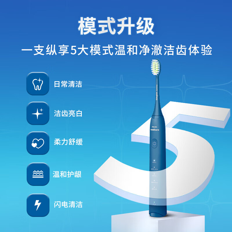 飞利浦 电动牙刷飞利浦流动洁力成人声波震动牙刷5种模式 HX2471/01蓝色