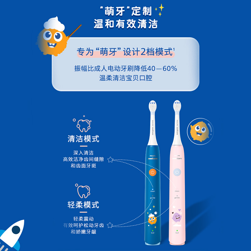 飞利浦 儿童声波震动牙刷2种模式自带2支刷头温和清洁 HX2432/02粉