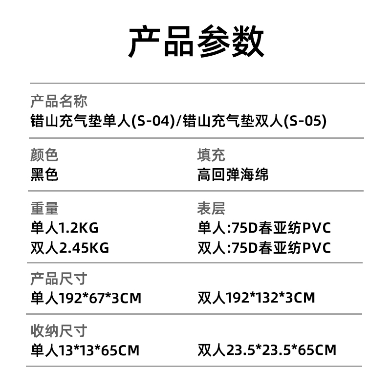 错山 自动充气床垫睡垫户外防潮垫野营露营气垫床地垫（单人）S-04