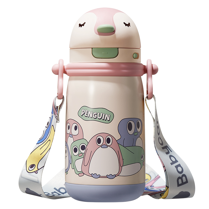 babycare 小企鹅保温杯 450ml-背带款 BC2212523 (莱莎粉)