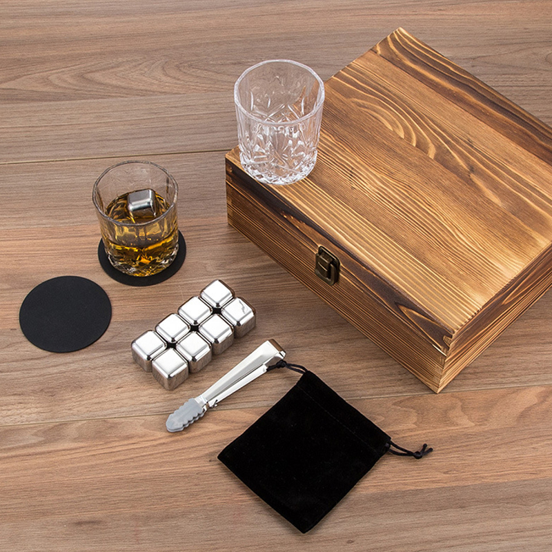 304不锈钢冰块威士忌酒杯套装速冻冰酒石洋酒杯水晶杯高档酒具套装 304冰块*8粒+杯子2个+木盒