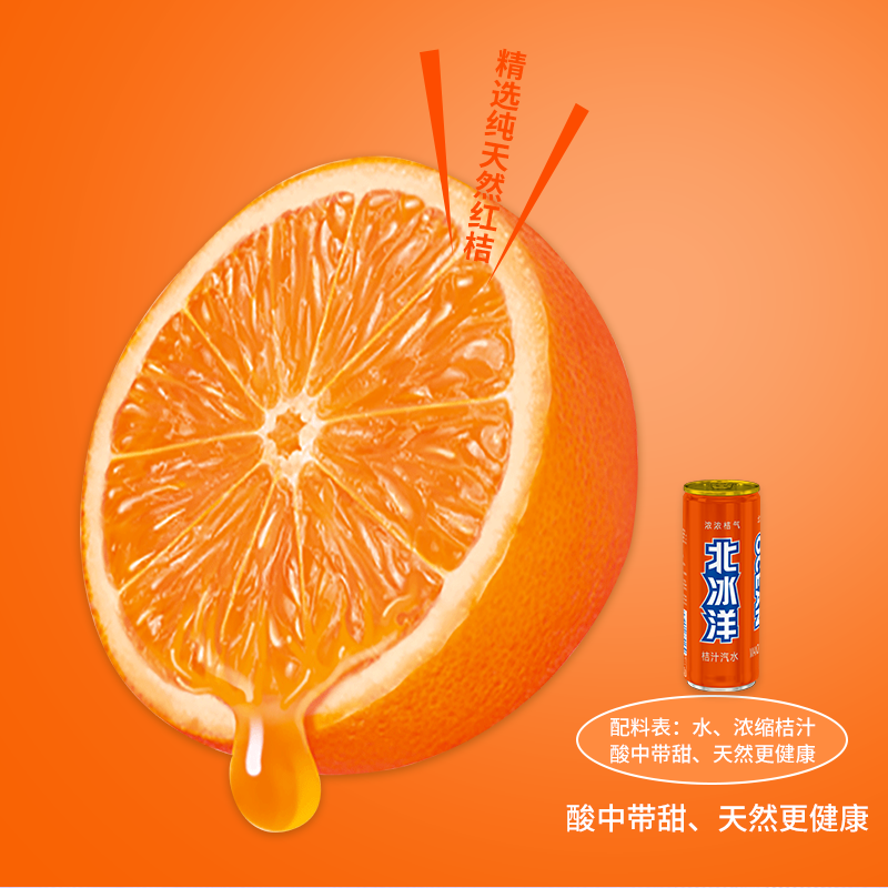 北冰洋 果汁味饮品碳酸饮料 桔汁汽水 330ml*6听塑封包装