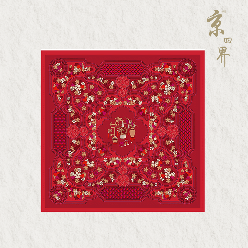 京四界 福气满满真丝丝巾 JSJ-650021 枣红色 65*65cm