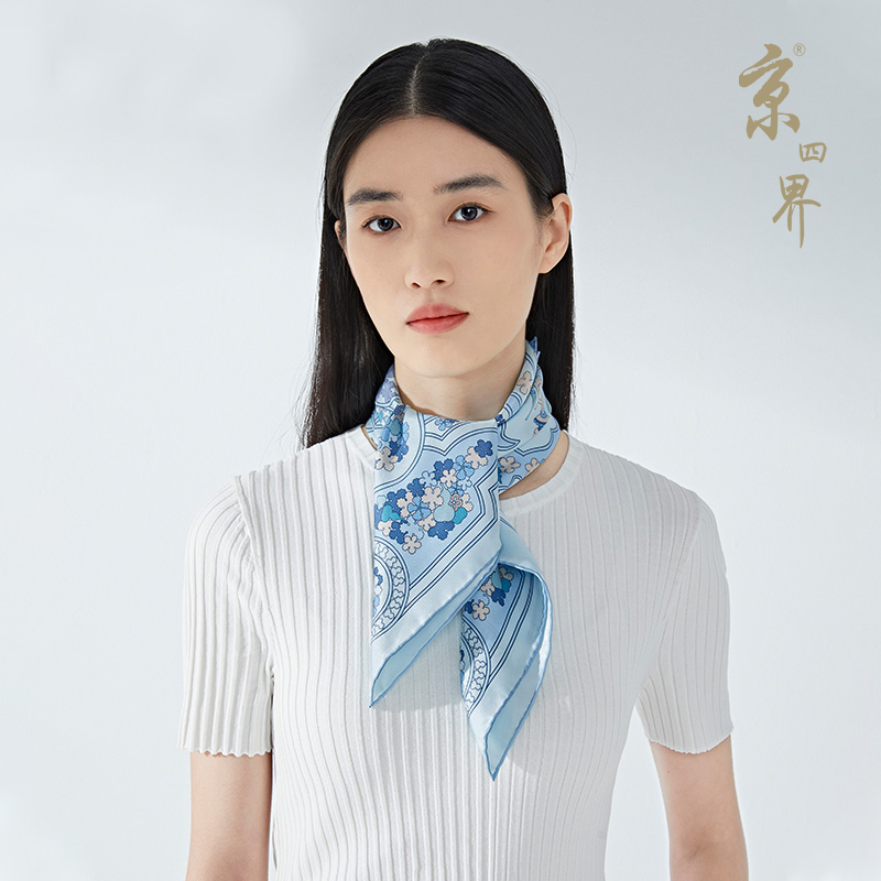 京四界 福气满满真丝丝巾  JSJ-650023 井天蓝 65*65cm
