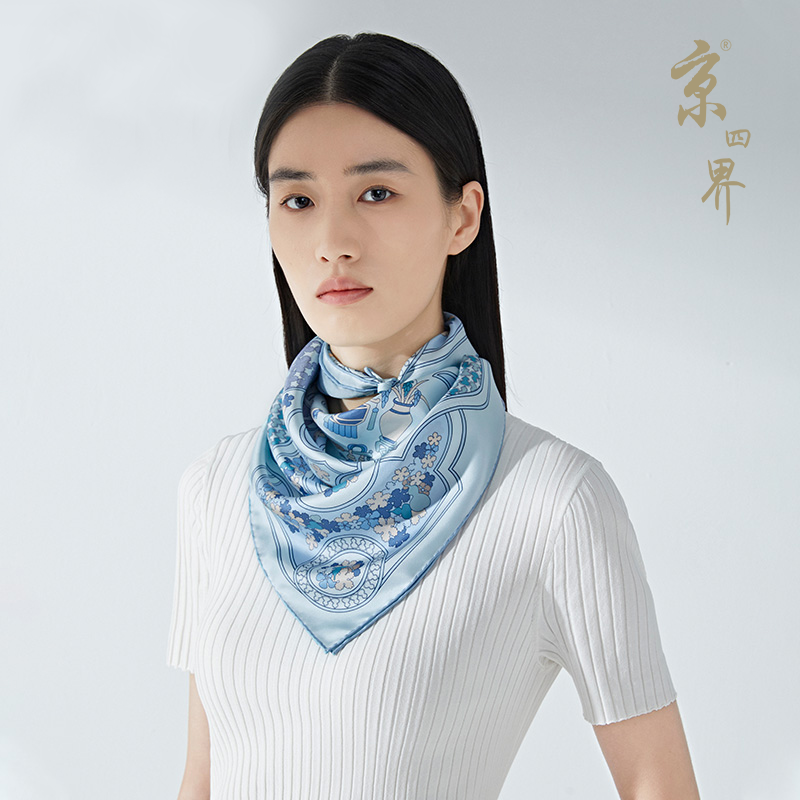 京四界 福气满满真丝丝巾  JSJ-650023 井天蓝 65*65cm