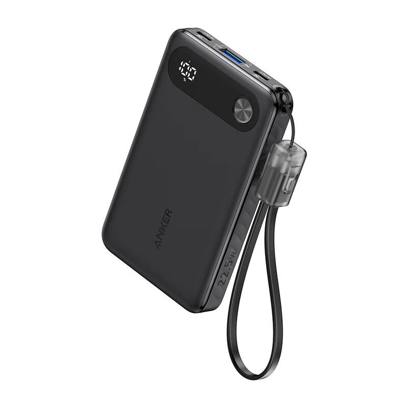 安克 10000毫安时 自带线充电宝 大容量移动电源挂绳数据线轻薄小巧可上飞机 A1257黑色 