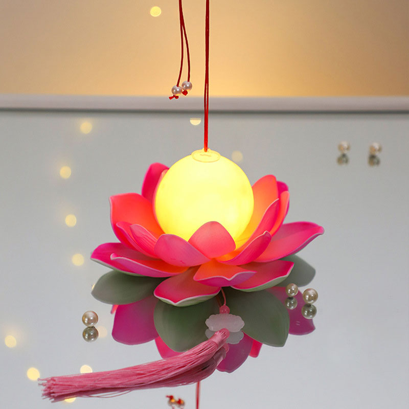 元宵节灯笼古风莲花灯儿童手工diy 月球莲花灯红色