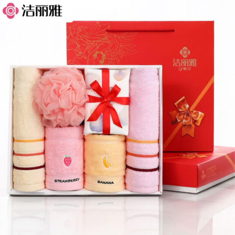 洁丽雅 毛巾礼盒6件套 纯棉吸水毛巾多条装带浴花 含手提袋（20230005）6443*2+E3113*2