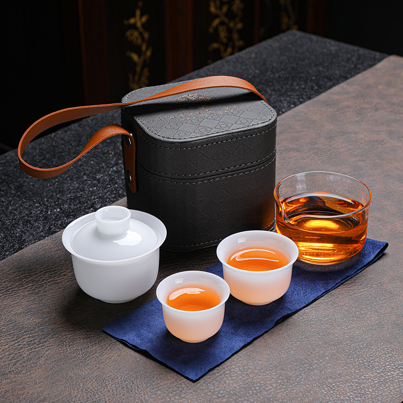 拓牌  4头冰种羊脂玉瓷 快客杯 （1盖碗 1茶海 1主人杯 1客杯）盒子颜色随机