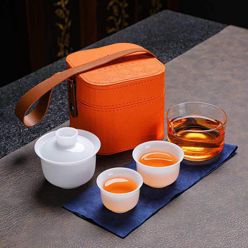 拓牌  4头冰种羊脂玉瓷 快客杯 （1盖碗 1茶海 1主人杯 1客杯）盒子颜色随机