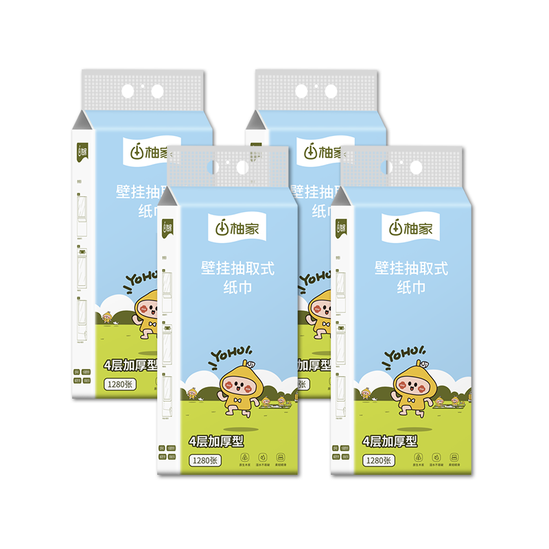 柚家 牌壁挂抽取式纸巾 整箱4提 (4层156*170mm/张 320抽/提) 40320